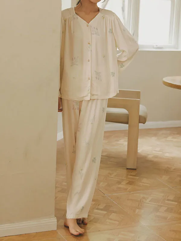 Flower Printed Long Sleeve Pajama Set