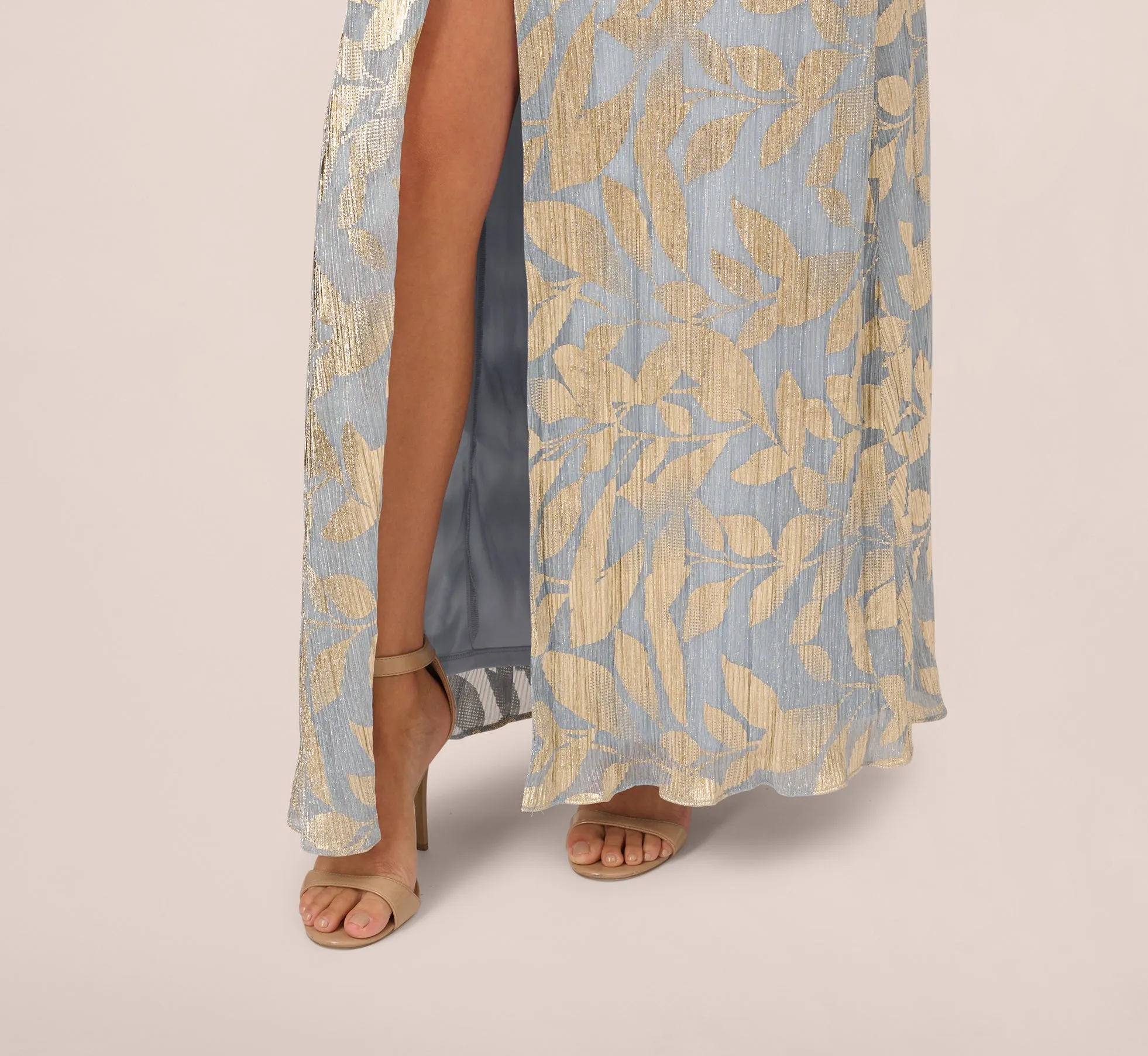 Foil Leaf Short Sleeve Gown With Draped Details In Light Blue Gold