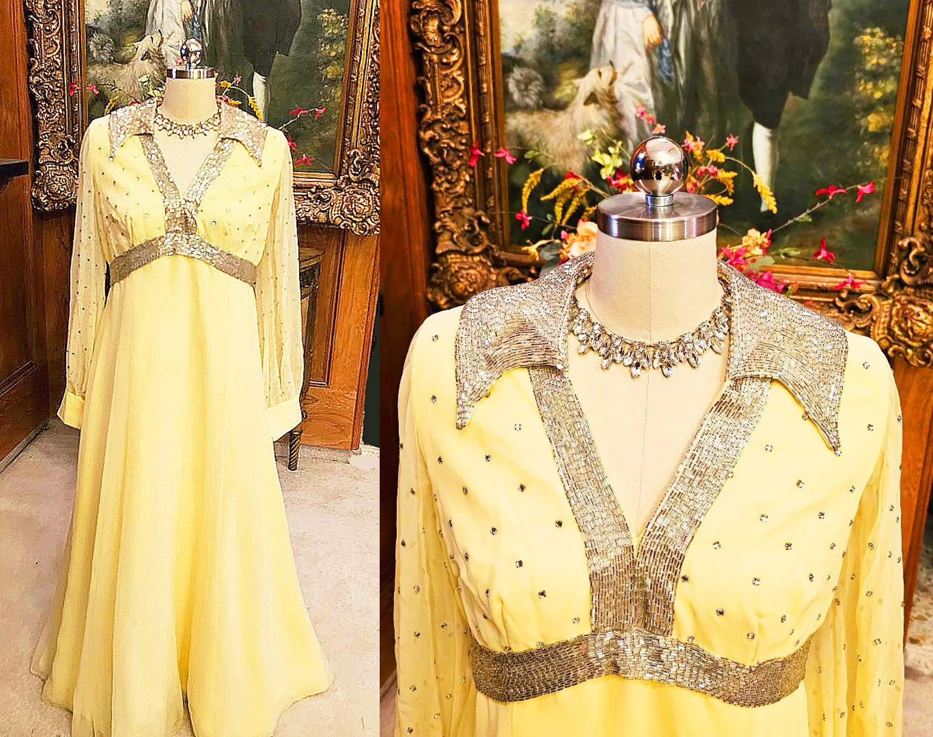 GLAMOROUS VINTAGE GRAND SWEEP EVENING GOWN ENCRUSTED WITH RHINESTONES & SILVER SHOT METAL ZIPPER IN LEMON DROP