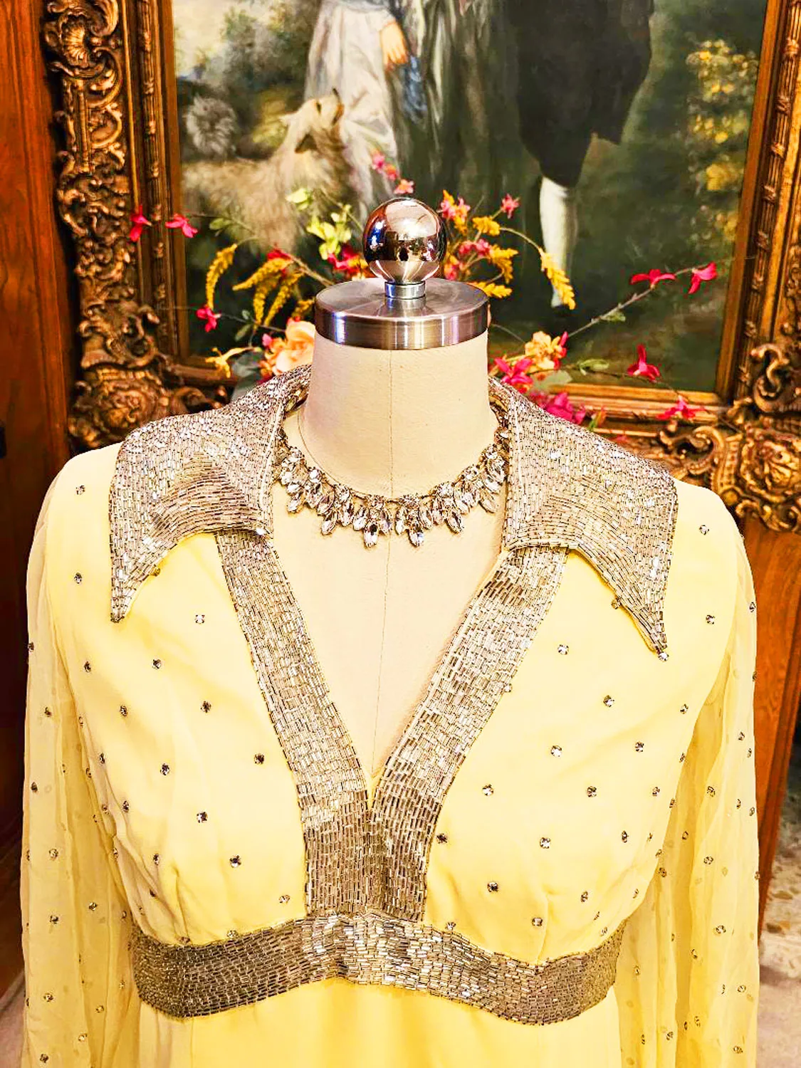 GLAMOROUS VINTAGE GRAND SWEEP EVENING GOWN ENCRUSTED WITH RHINESTONES & SILVER SHOT METAL ZIPPER IN LEMON DROP