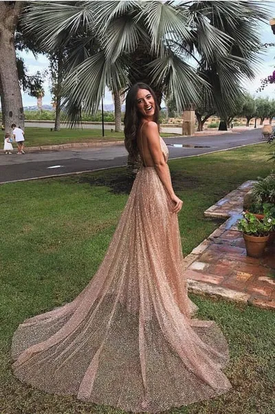 GORGEOUS SEQUINS A-LINE LONG PROM GOWNS NEW ARRIVAL SPAGHETTI STRAPS V-NECK EVENING DRESS SA100