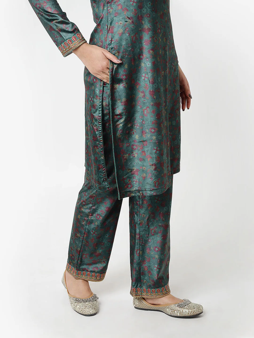 Green Printed Velvet Kurta Set with Brass Work and Zari Work