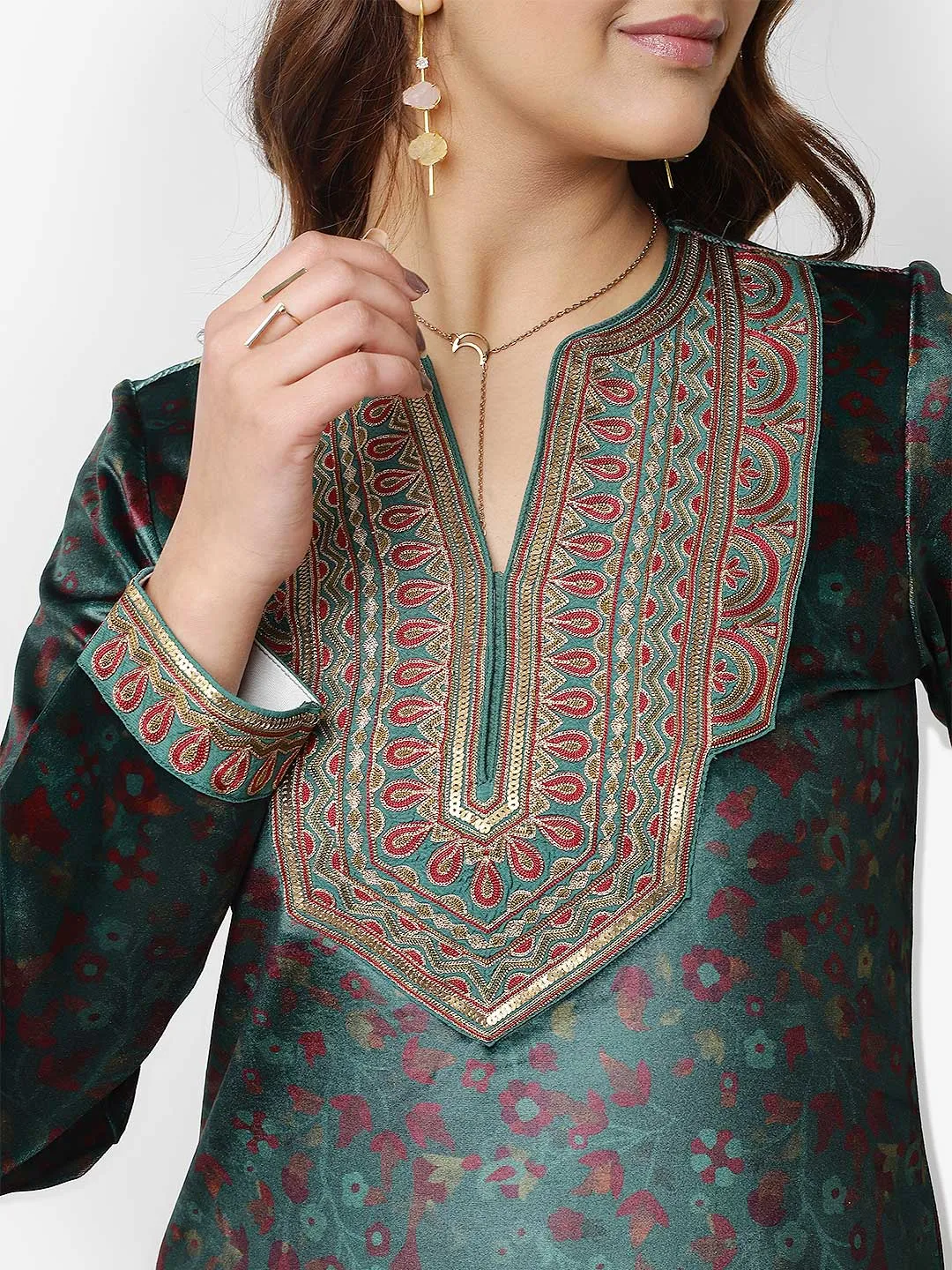 Green Printed Velvet Kurta Set with Brass Work and Zari Work