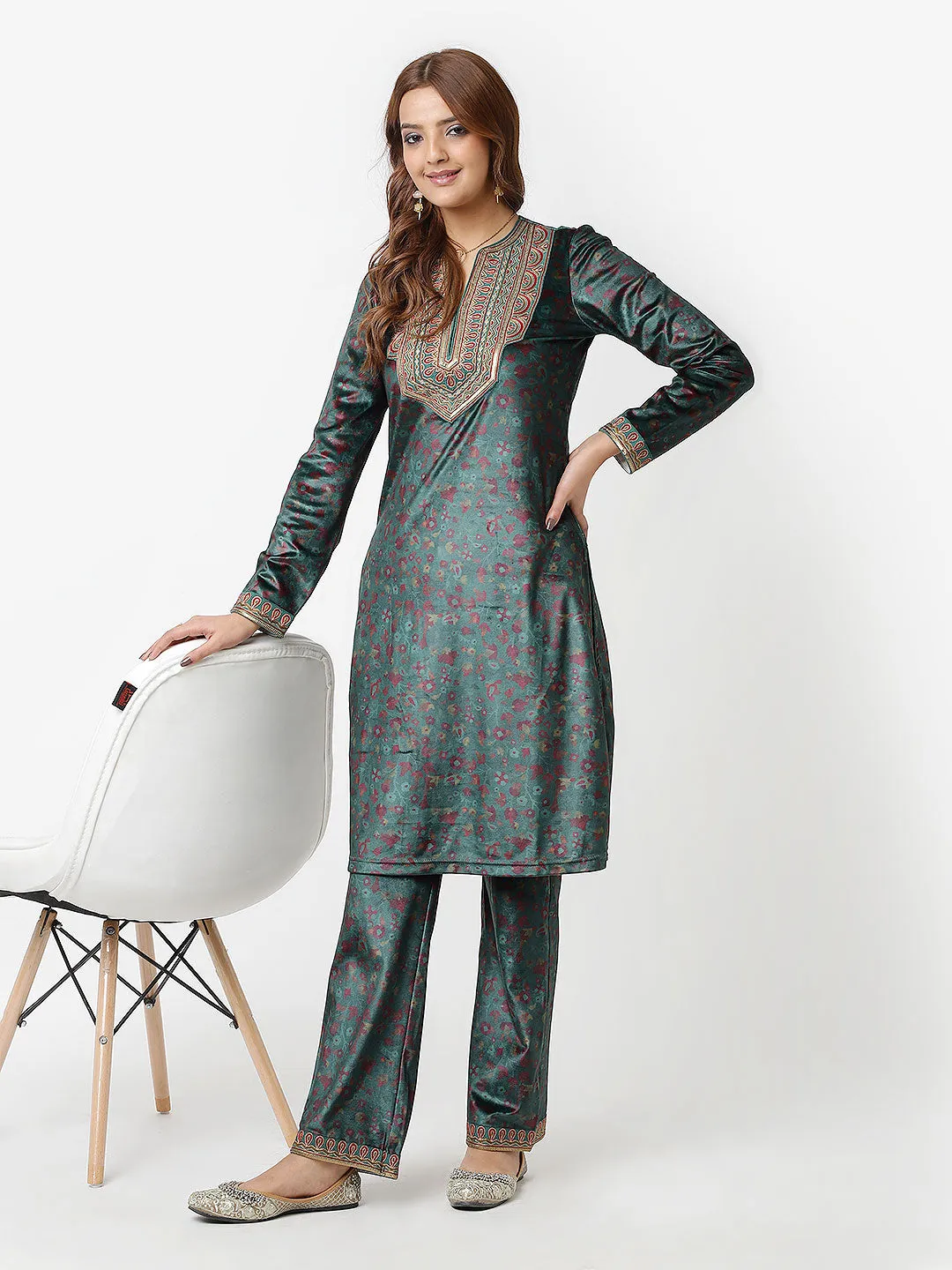 Green Printed Velvet Kurta Set with Brass Work and Zari Work