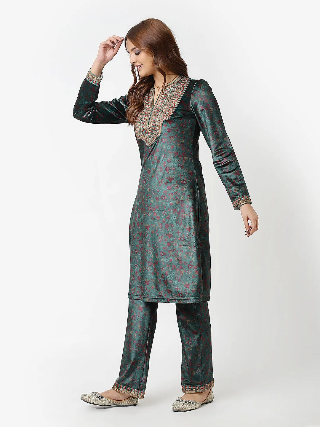 Green Printed Velvet Kurta Set with Brass Work and Zari Work