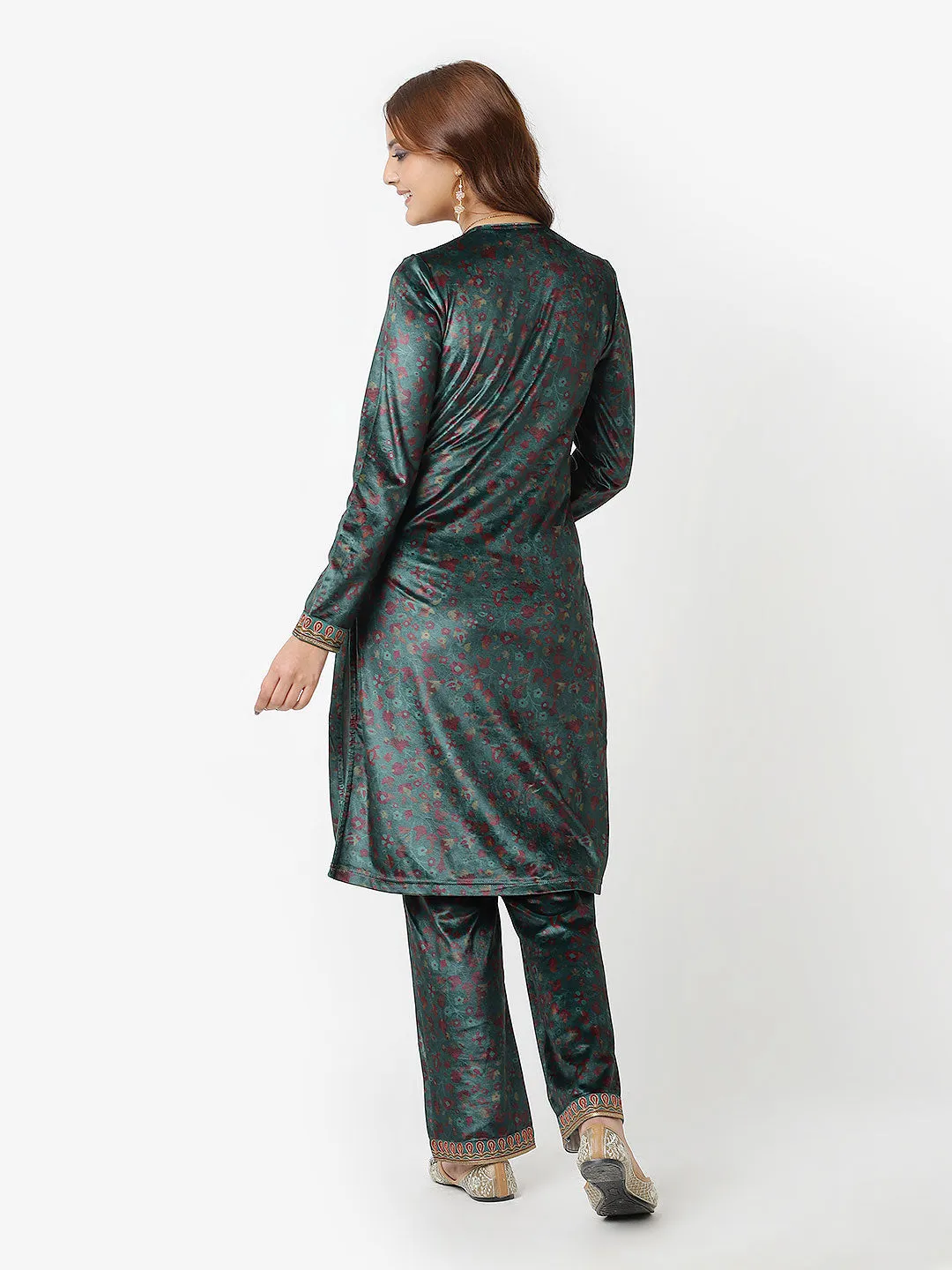 Green Printed Velvet Kurta Set with Brass Work and Zari Work