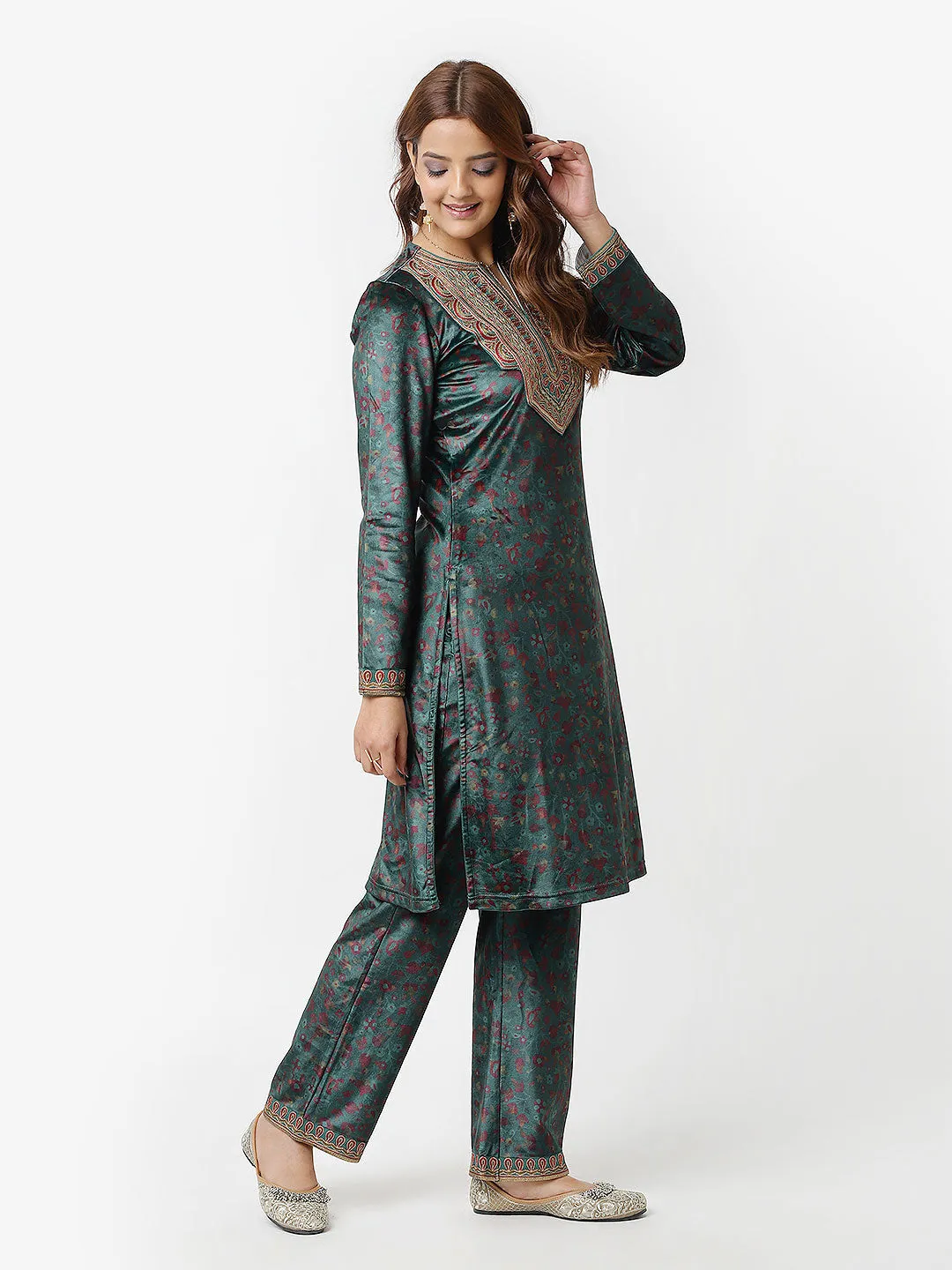 Green Printed Velvet Kurta Set with Brass Work and Zari Work