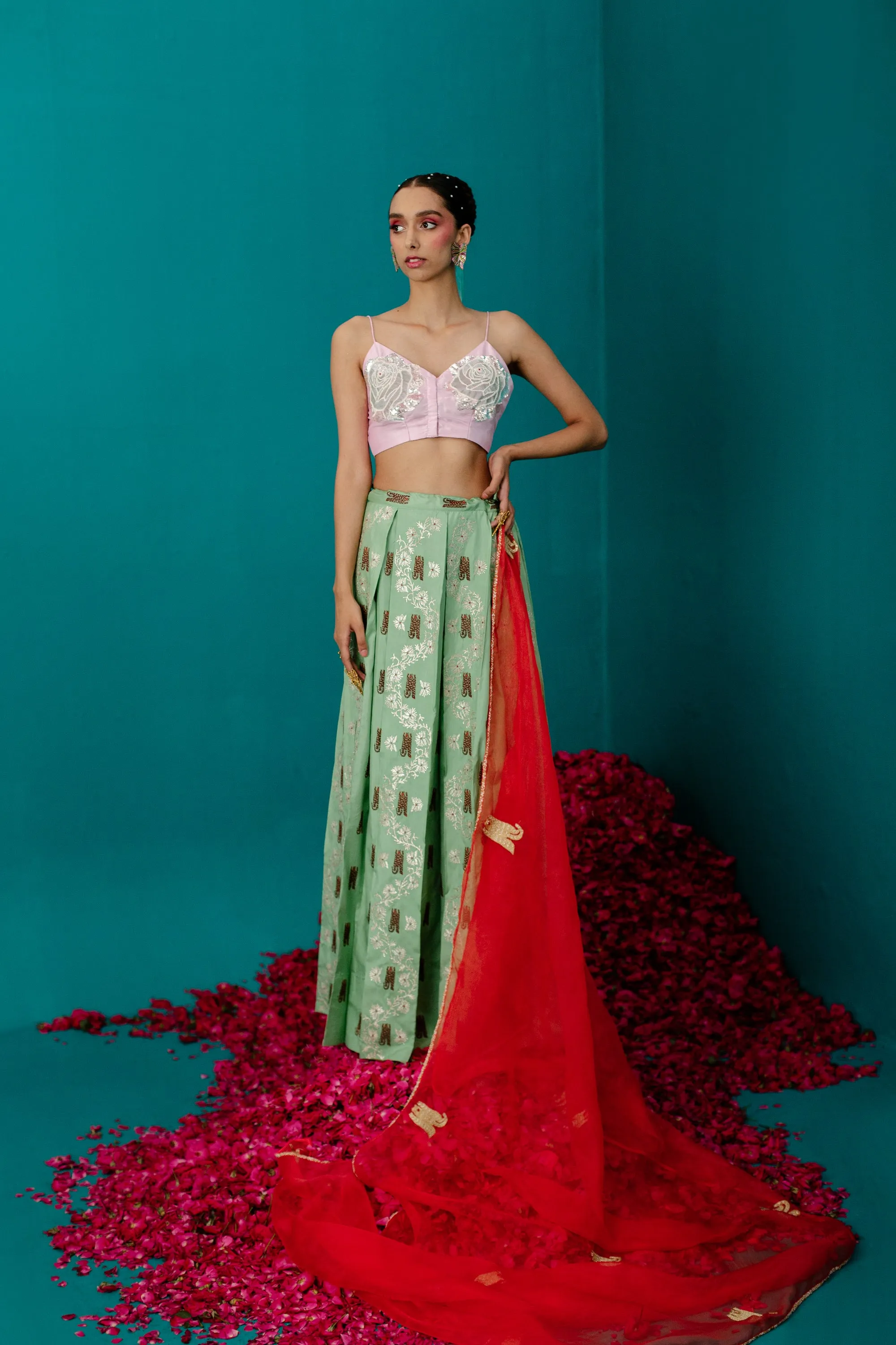 Green Silk Tiger Floral Skirt