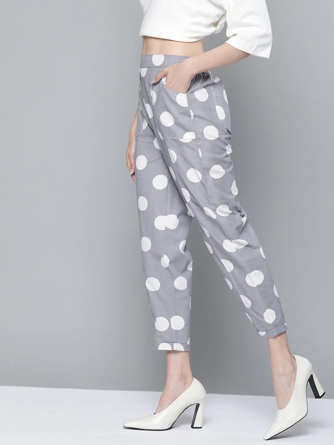 Grey & White Polka Print Tapered Pants