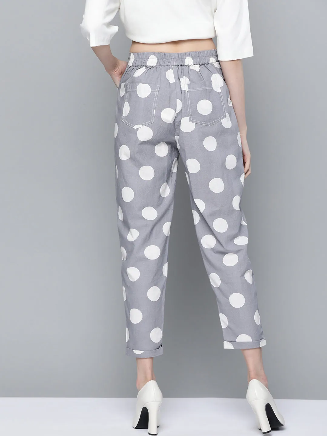 Grey & White Polka Print Tapered Pants