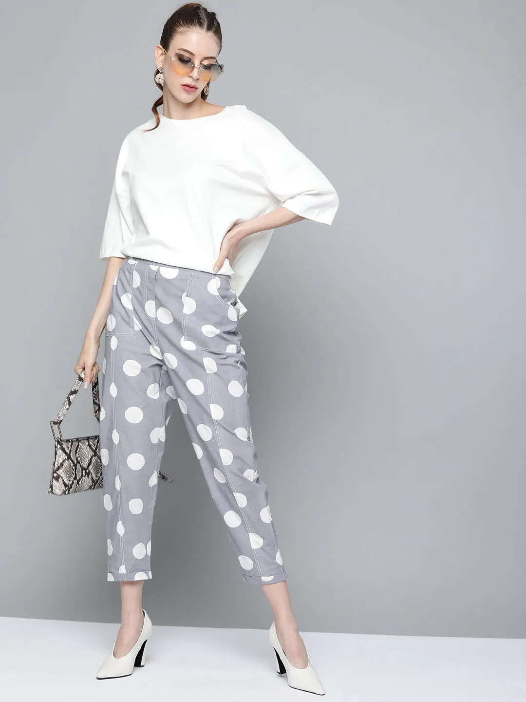 Grey & White Polka Print Tapered Pants