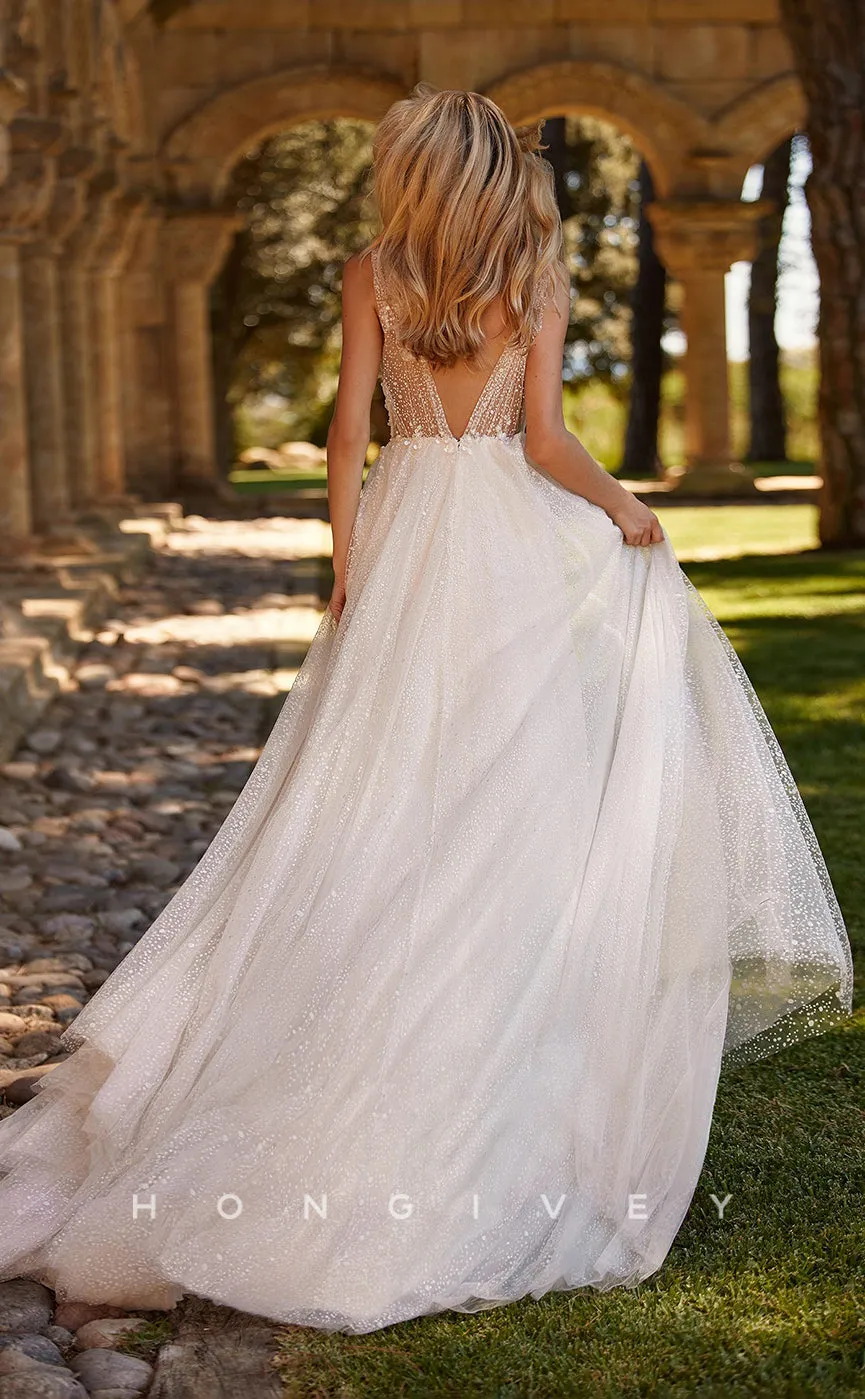 H0905 - Fully Beaded Illusion V-Neck With Train And Slit Long Wedding Dress