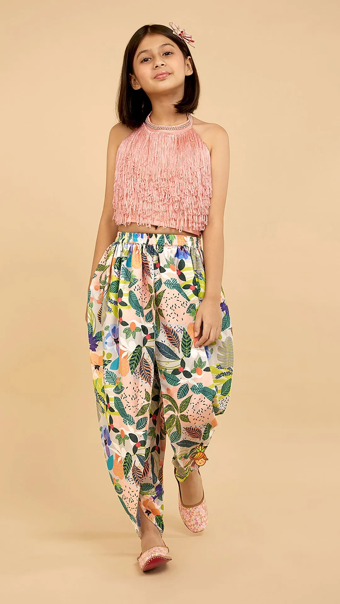 Halter Neck Open Back Peach Top And Printed Multicolour Dhoti Style Tulip Pant