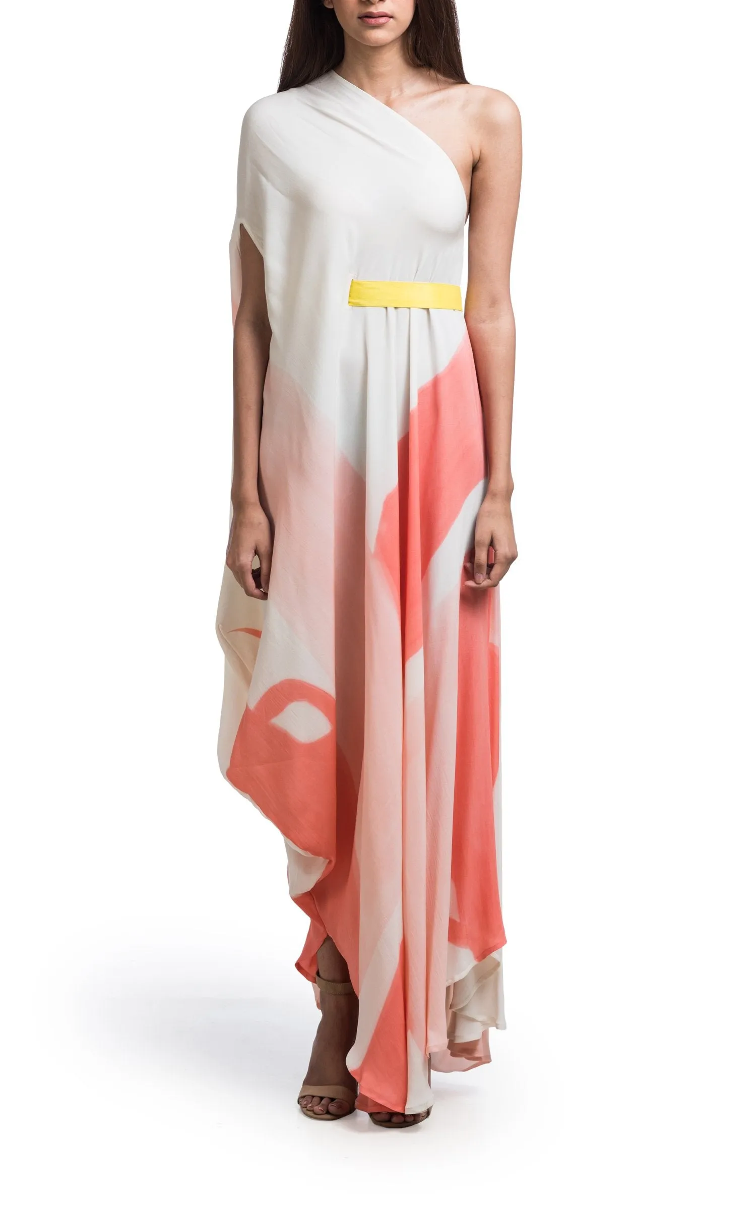 Hand Brush Painted One-Shoulder Drape Dress