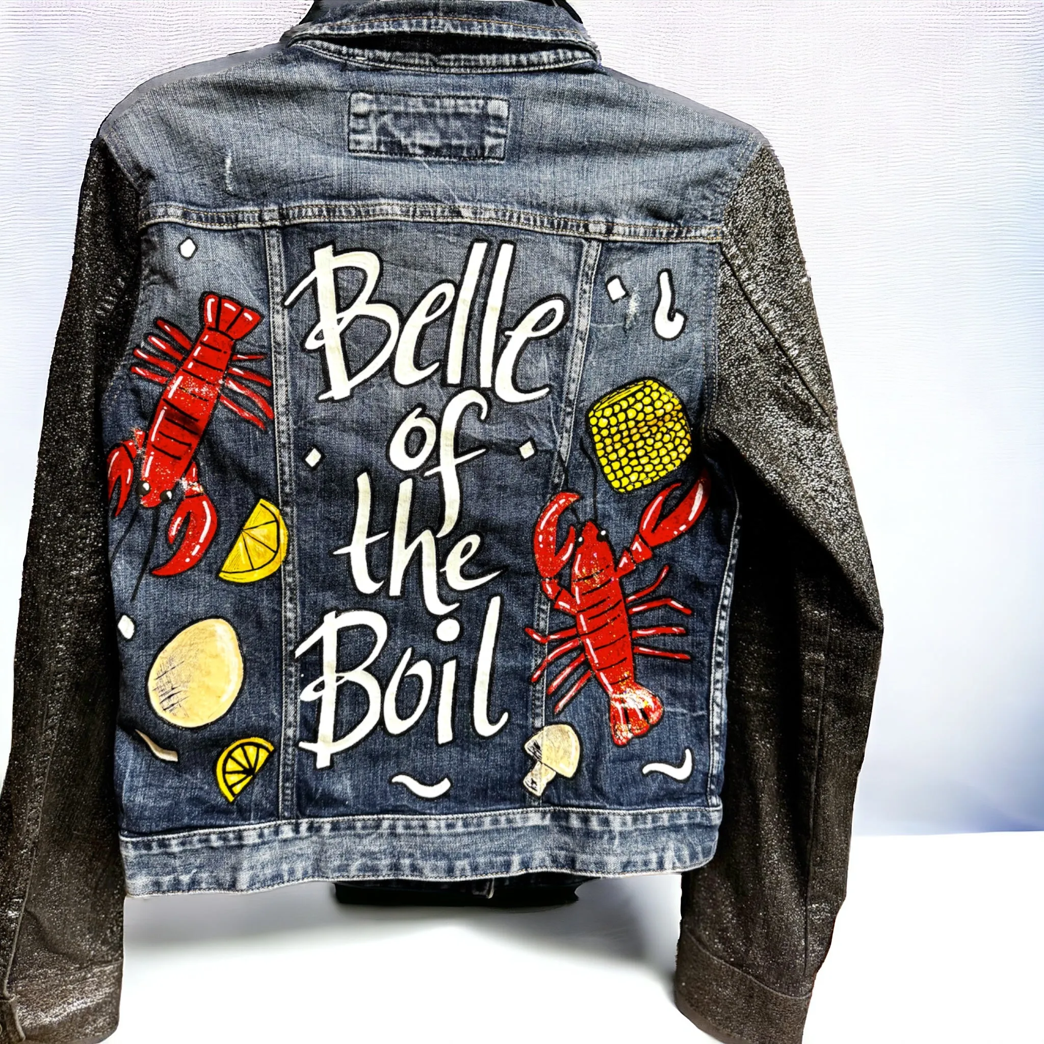 Hand Painted Jean Jacket: “Belle of the Boil” - Mardi Gras, Painted Jacket, New Orleans, Crawfish Boil, Easter Jacket, Belle of the Boil, Mudbug