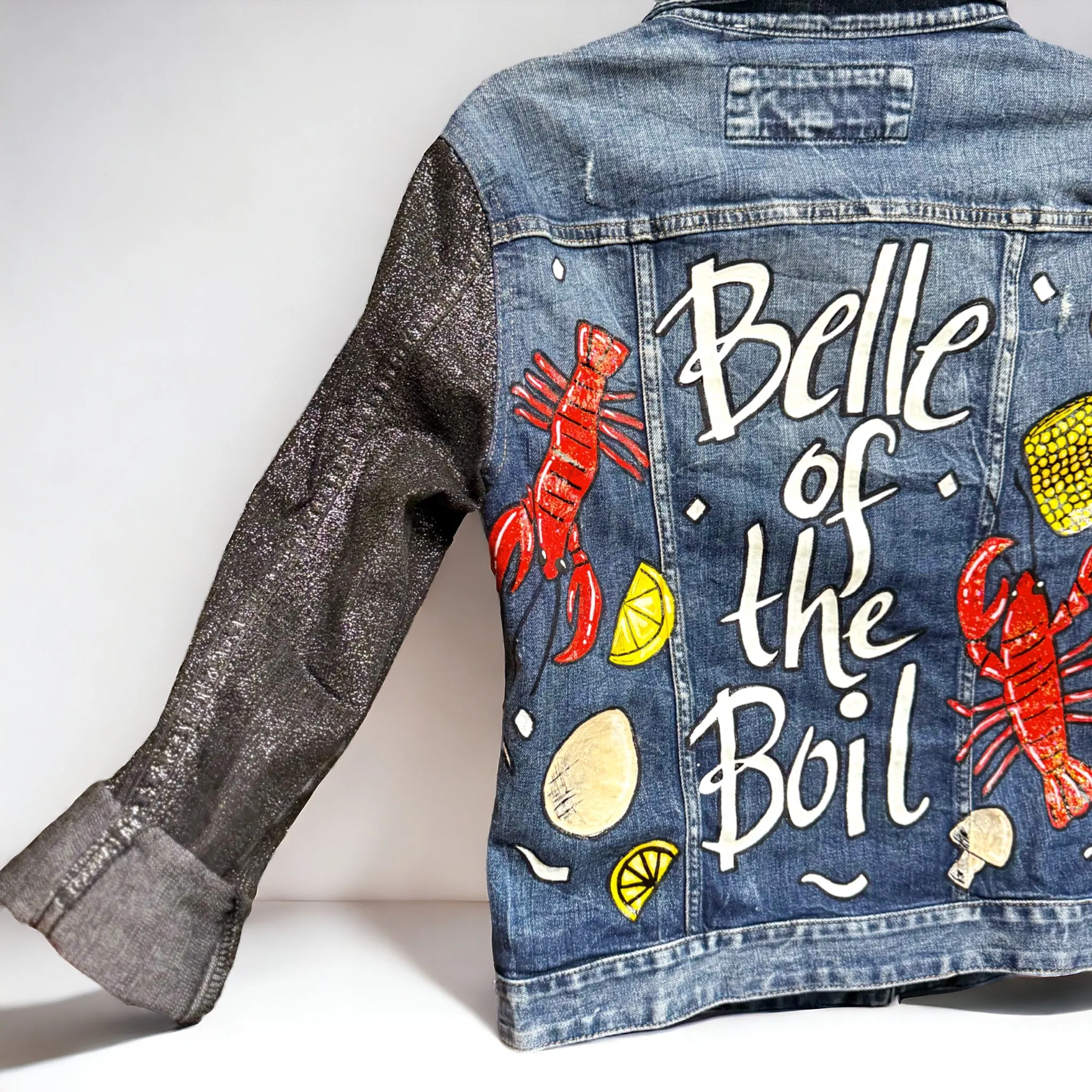 Hand Painted Jean Jacket: “Belle of the Boil” - Mardi Gras, Painted Jacket, New Orleans, Crawfish Boil, Easter Jacket, Belle of the Boil, Mudbug