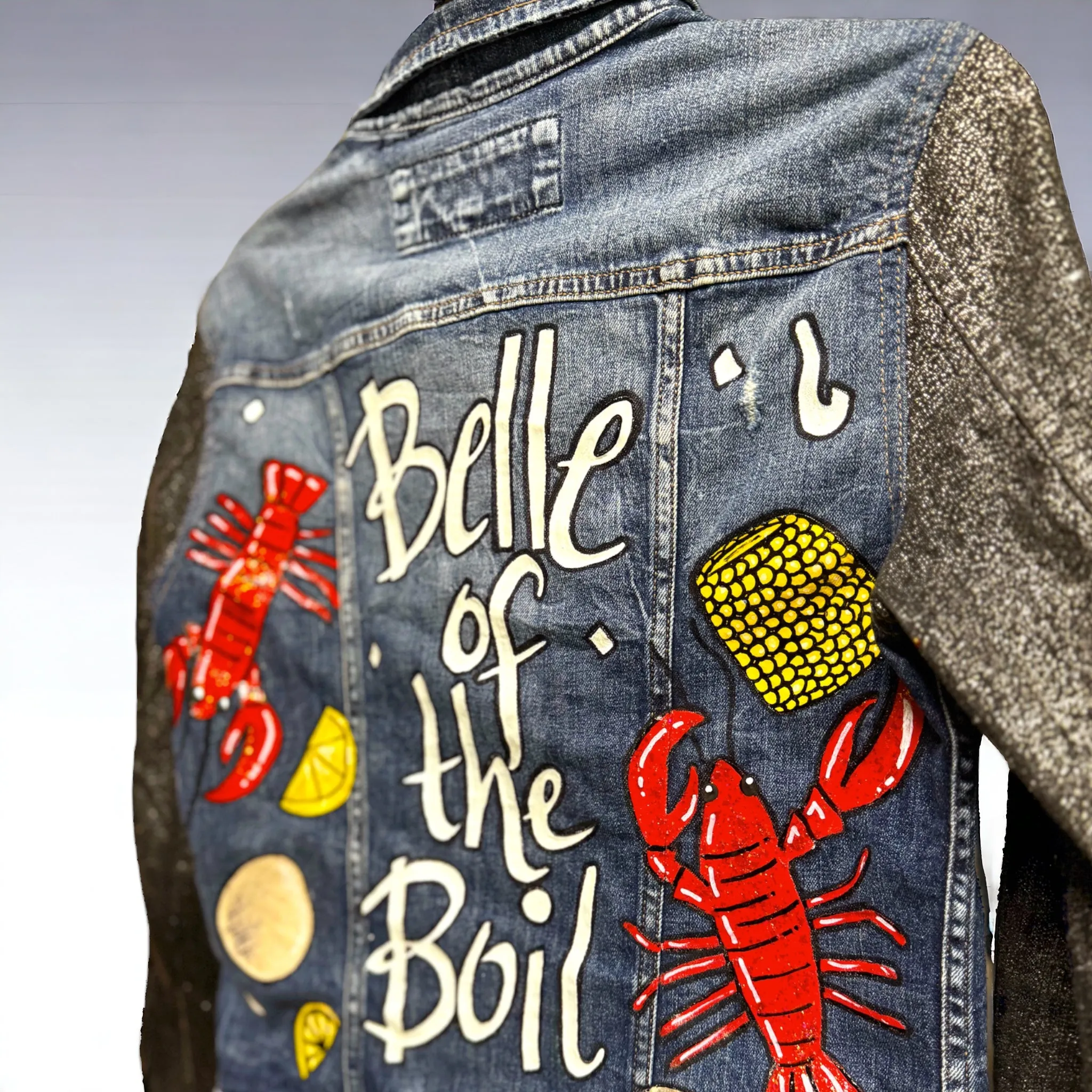 Hand Painted Jean Jacket: “Belle of the Boil” - Mardi Gras, Painted Jacket, New Orleans, Crawfish Boil, Easter Jacket, Belle of the Boil, Mudbug