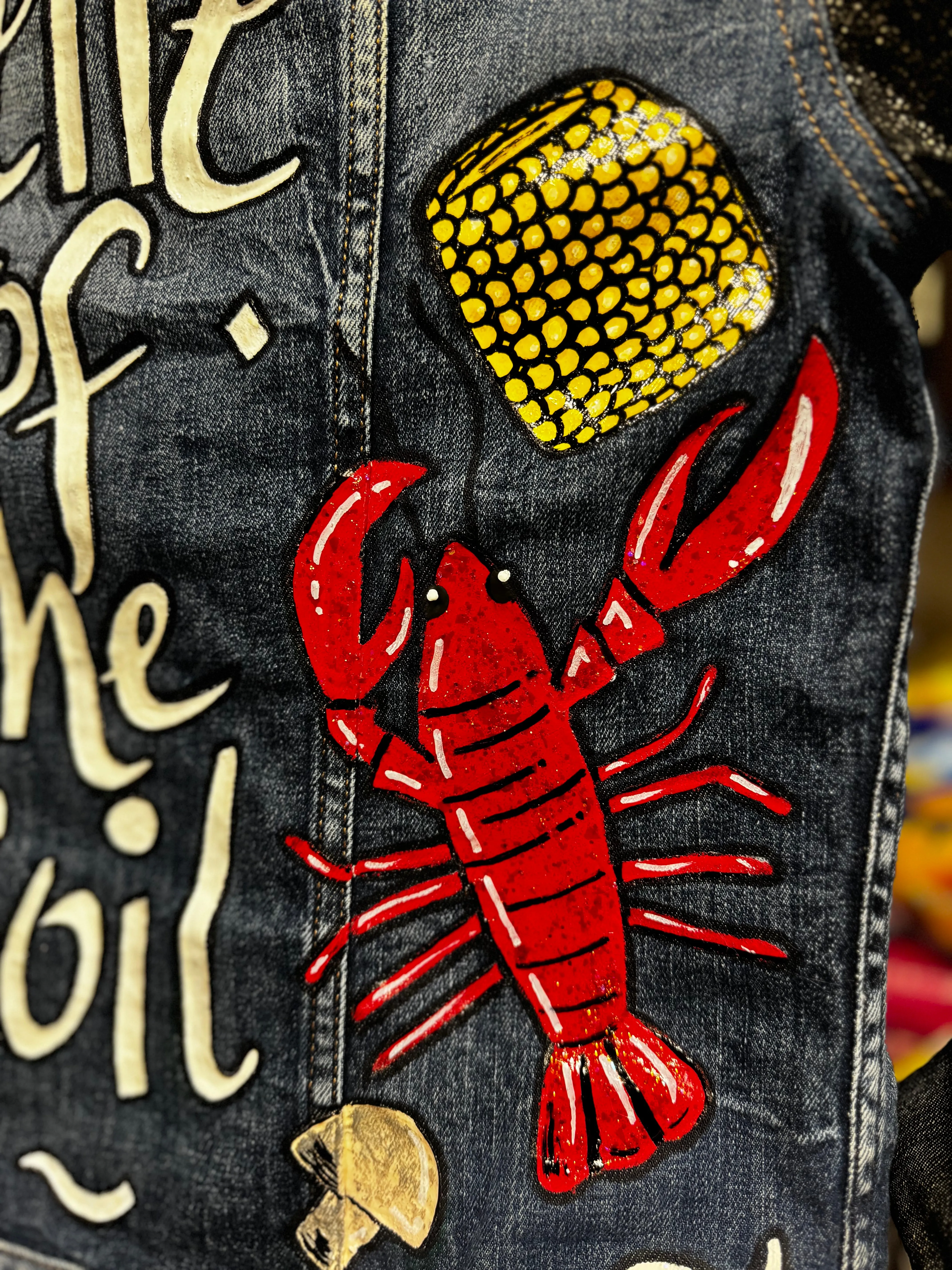 Hand Painted Jean Jacket: “Belle of the Boil” - Mardi Gras, Painted Jacket, New Orleans, Crawfish Boil, Easter Jacket, Belle of the Boil, Mudbug