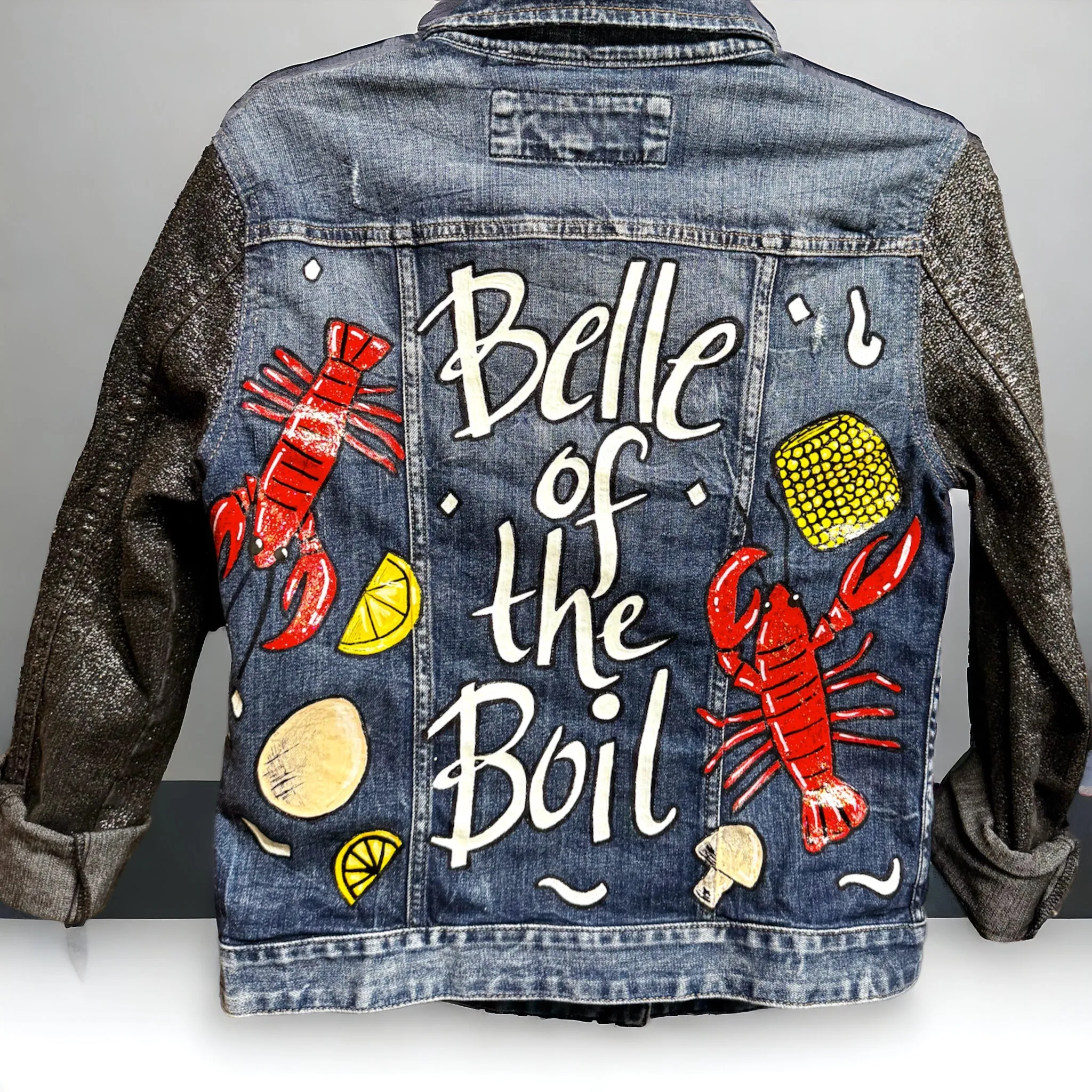 Hand Painted Jean Jacket: “Belle of the Boil” - Mardi Gras, Painted Jacket, New Orleans, Crawfish Boil, Easter Jacket, Belle of the Boil, Mudbug