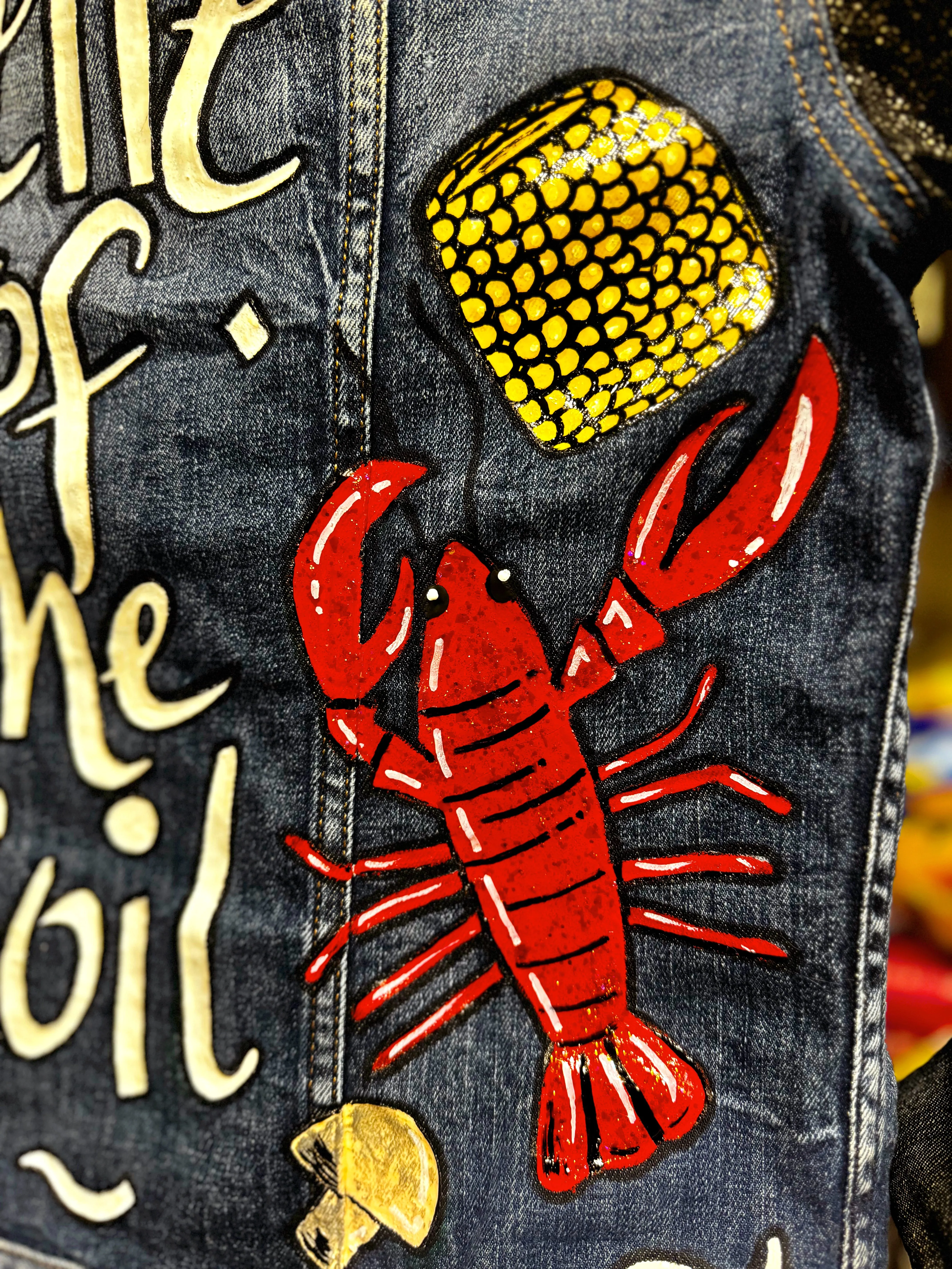 Hand Painted Jean Jacket: “Belle of the Boil” - Mardi Gras, Painted Jacket, New Orleans, Crawfish Boil, Easter Jacket, Belle of the Boil, Mudbug