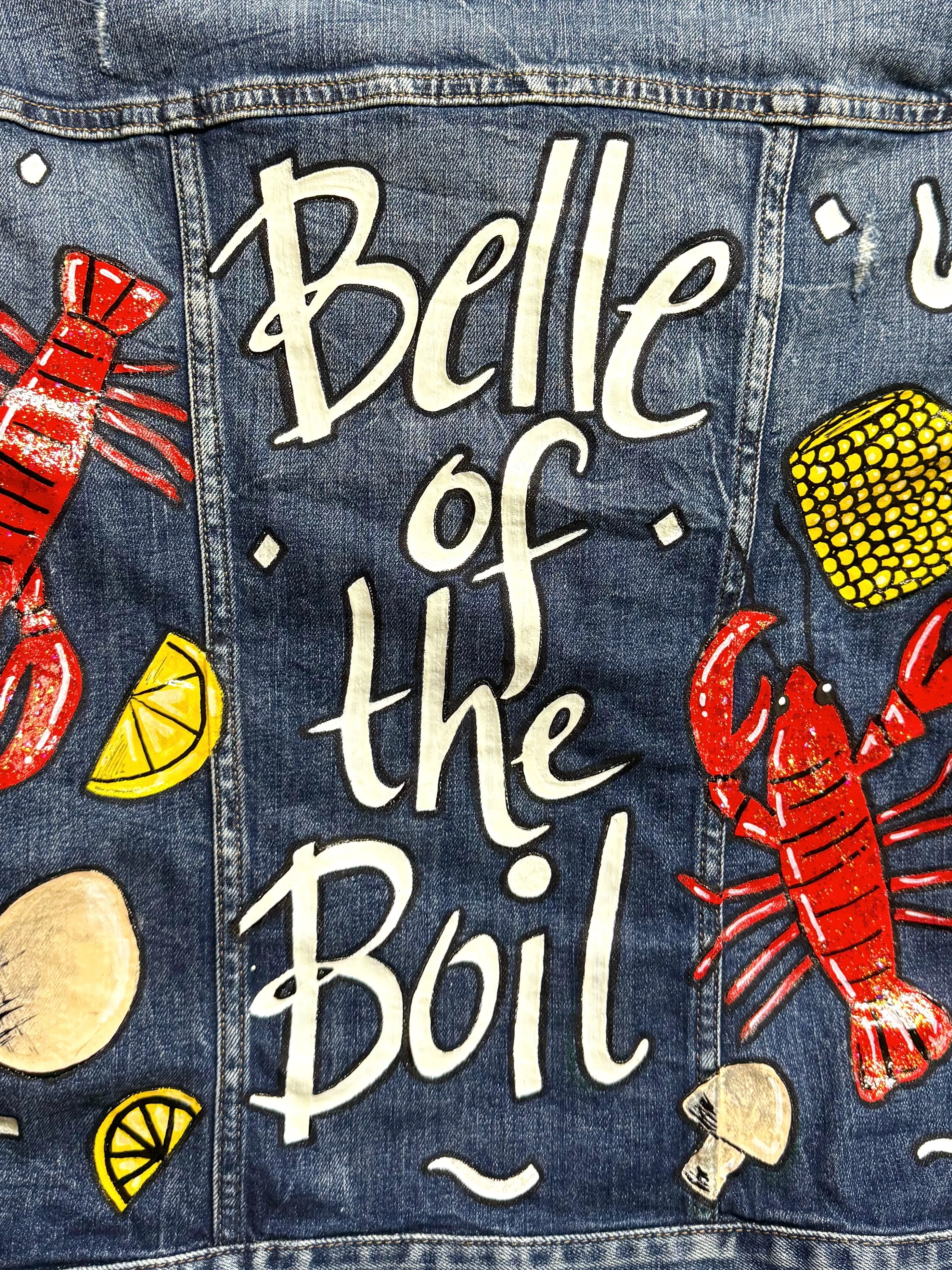 Hand Painted Jean Jacket: “Belle of the Boil” - Mardi Gras, Painted Jacket, New Orleans, Crawfish Boil, Easter Jacket, Belle of the Boil, Mudbug