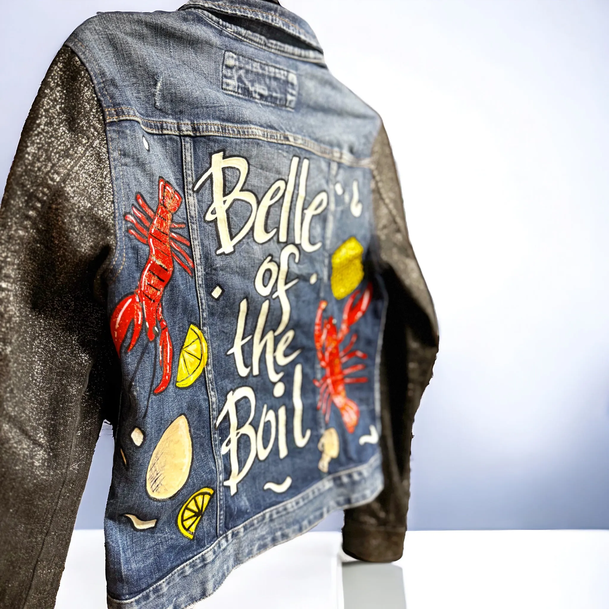 Hand Painted Jean Jacket: “Belle of the Boil” - Mardi Gras, Painted Jacket, New Orleans, Crawfish Boil, Easter Jacket, Belle of the Boil, Mudbug