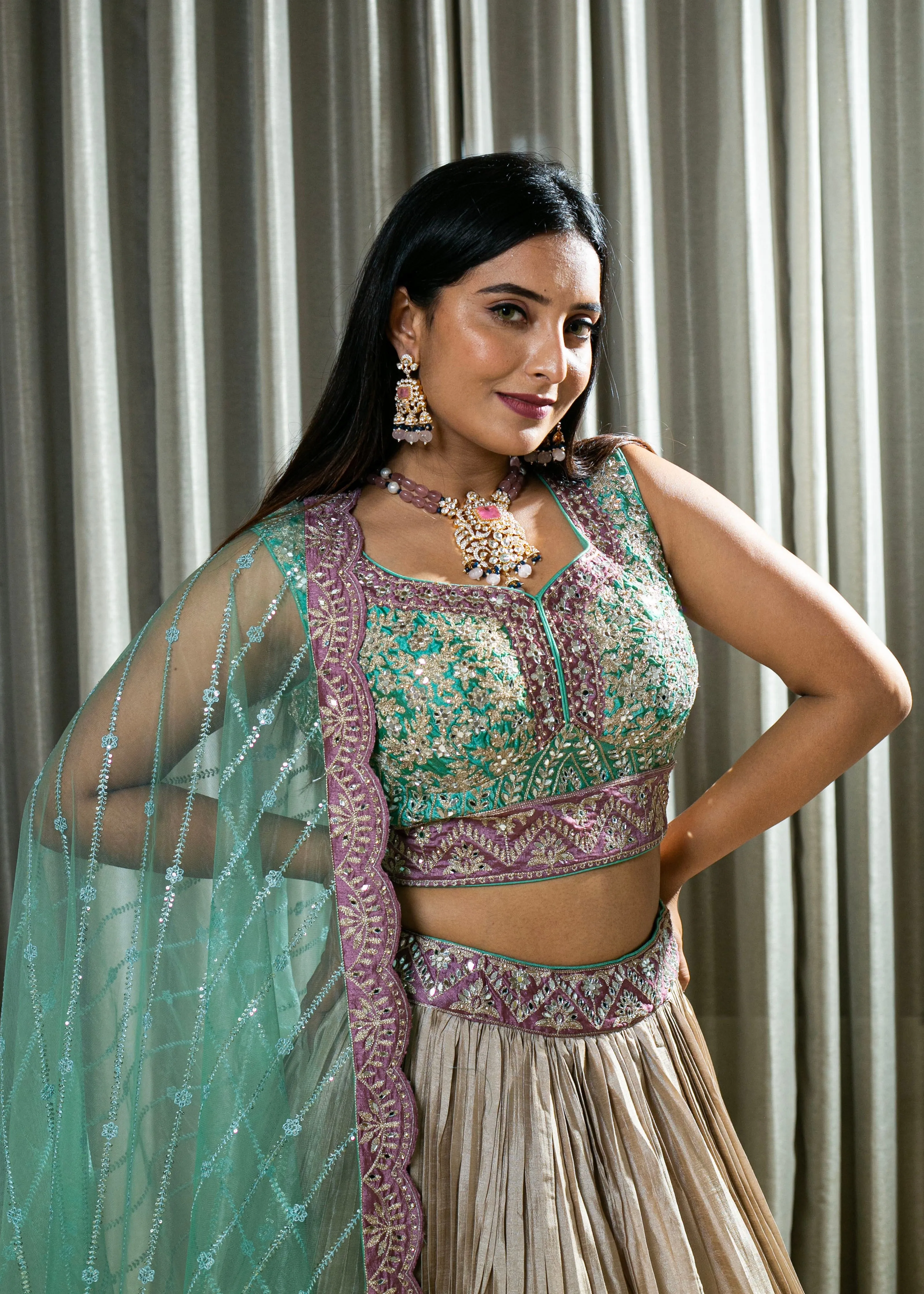 Handcrafted Light Gold Pleated Silk Lehenga with Aari Work Stitched Blouse