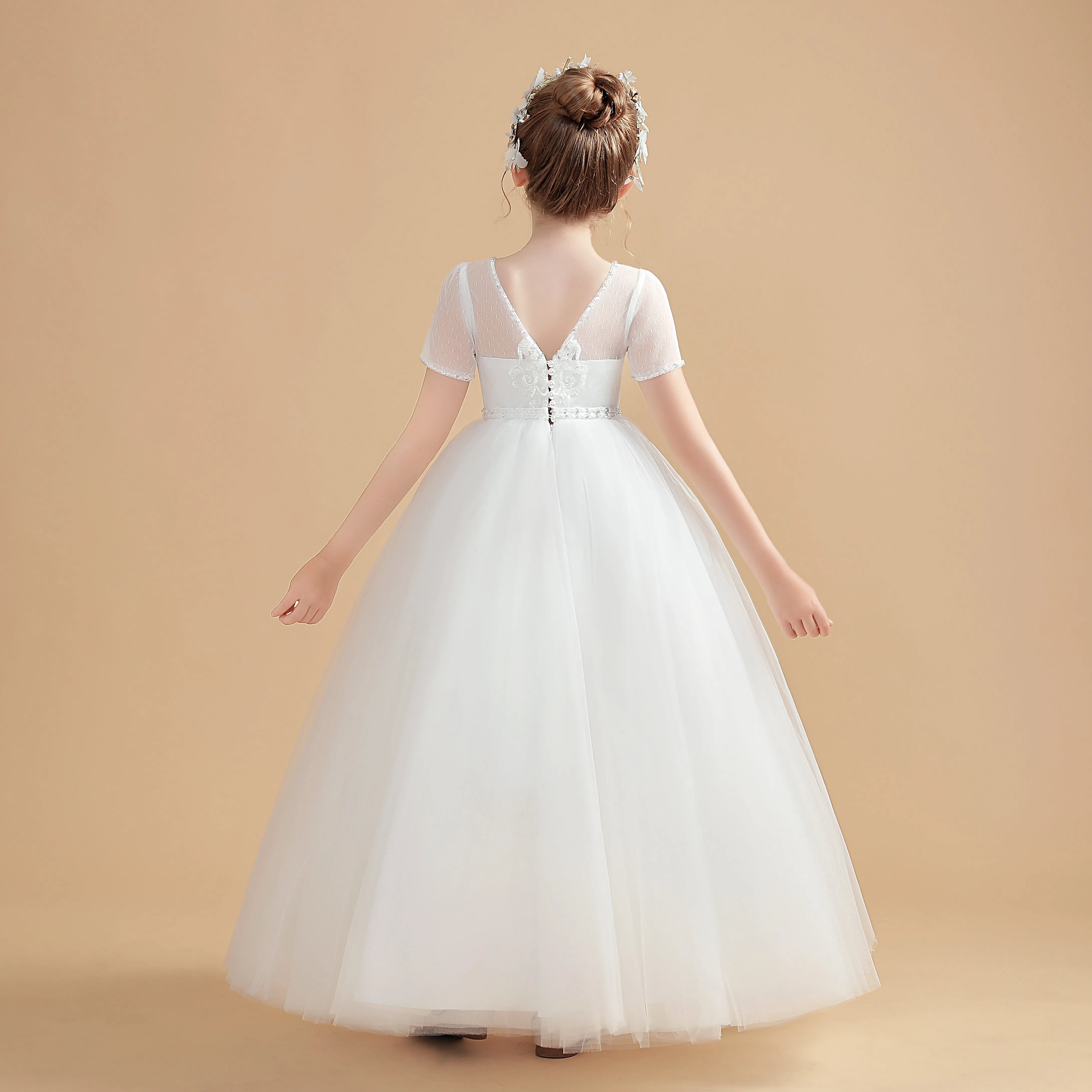 Ivory Short Sleeves Tulle Flower Girl Dresses With Lace Appliques