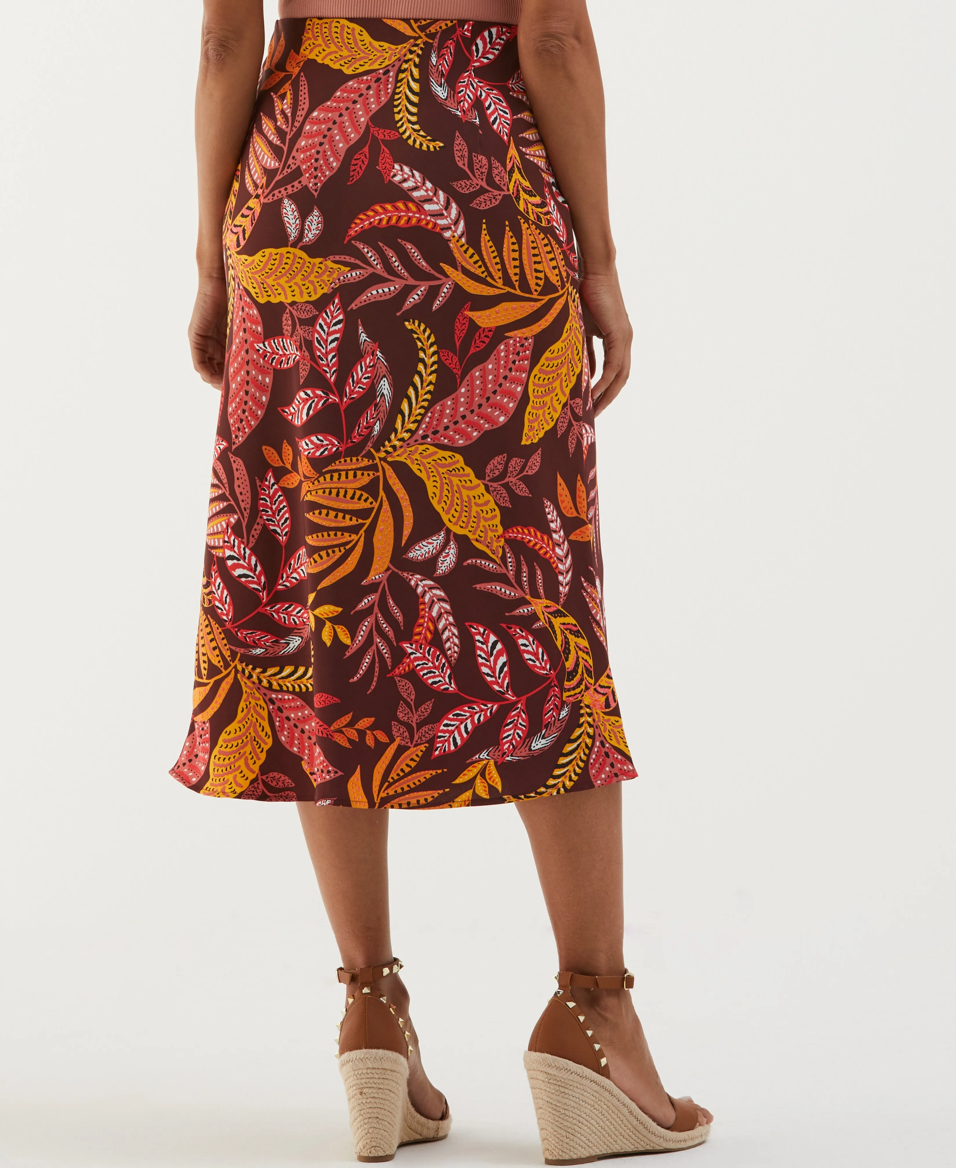 Leaf Print Shine Midi Bias Skirt