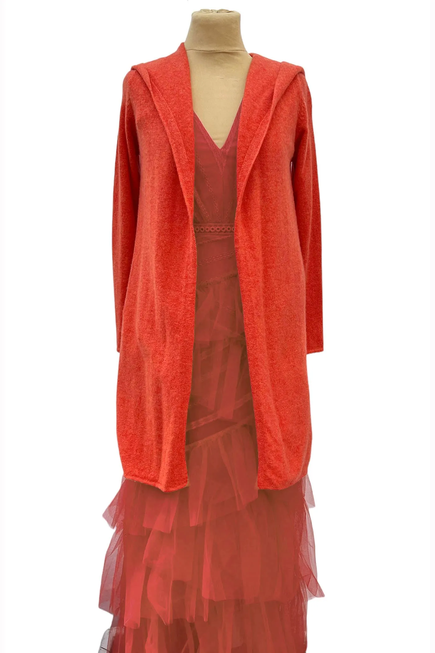 Long Cashmere Hooded Cardigan, Cardi in Burnt orange