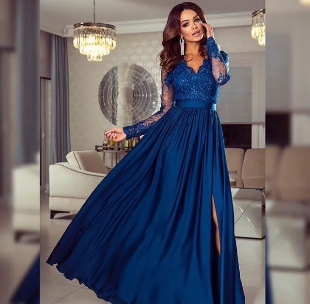 Long Sleeve Appliques Prom Dress, A Line Prom Dresses, Split Slit Evening Dress T825