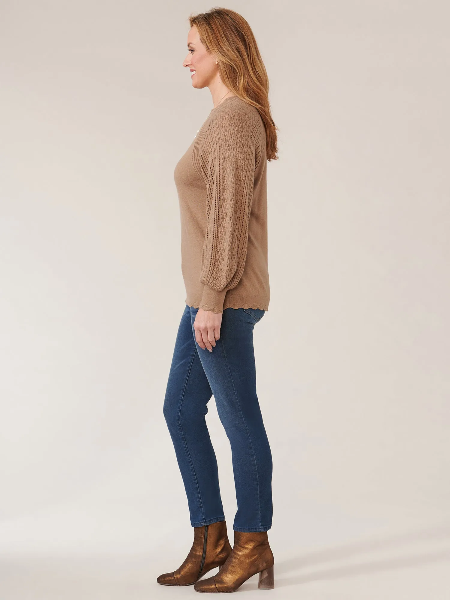 Long Sleeve High Round Neck Pointelle Mix Sweater