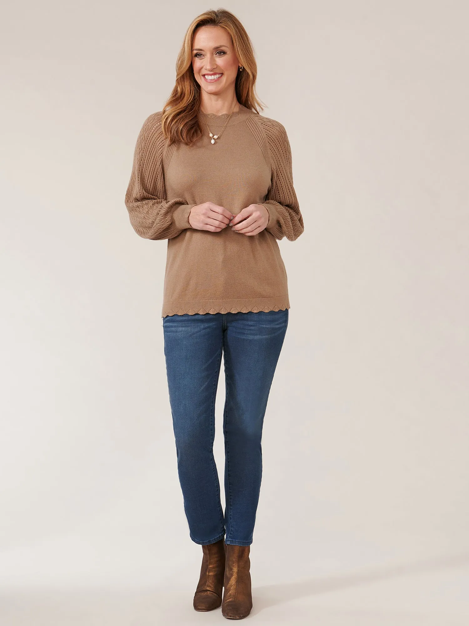 Long Sleeve High Round Neck Pointelle Mix Sweater