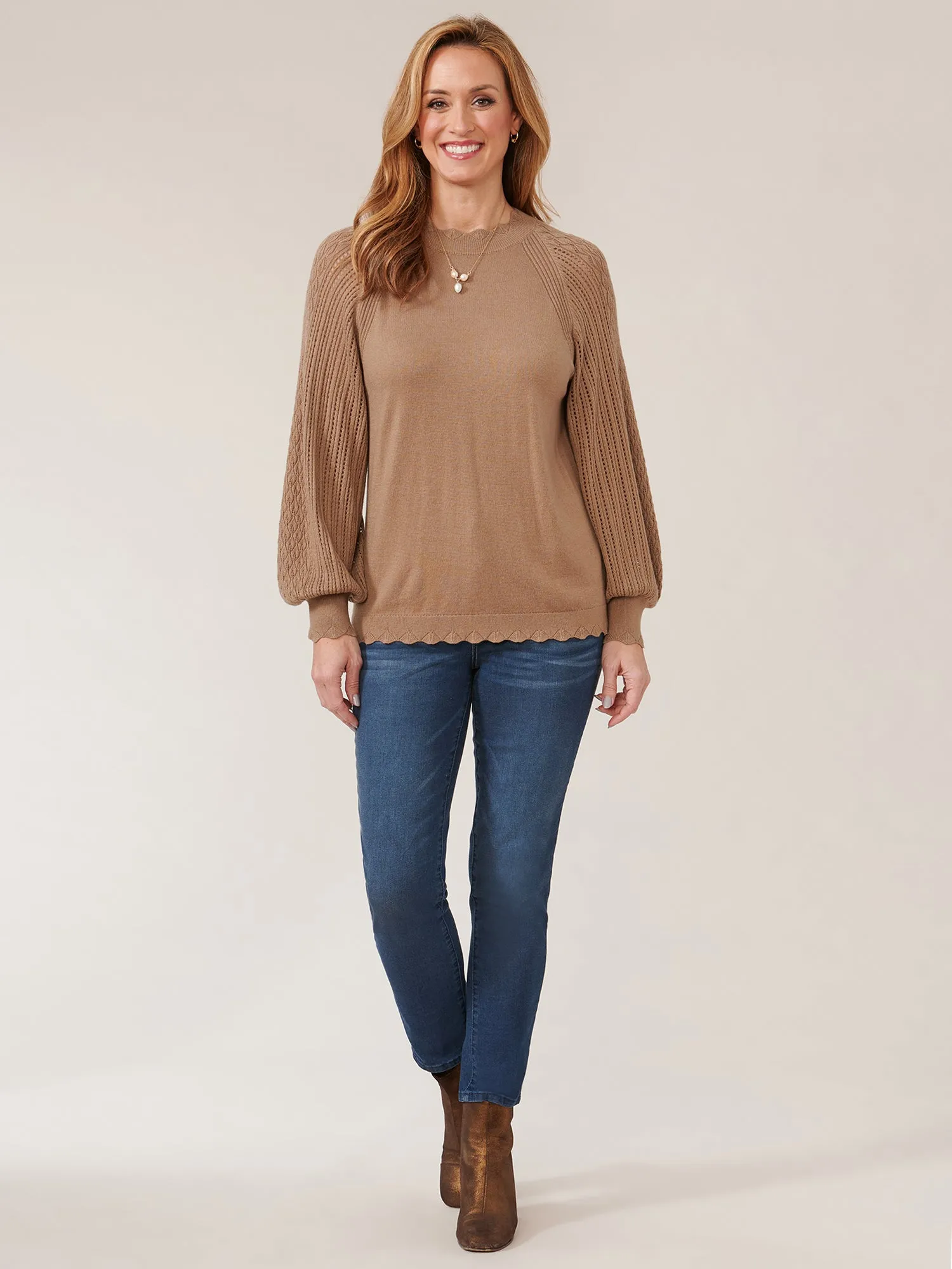 Long Sleeve High Round Neck Pointelle Mix Sweater