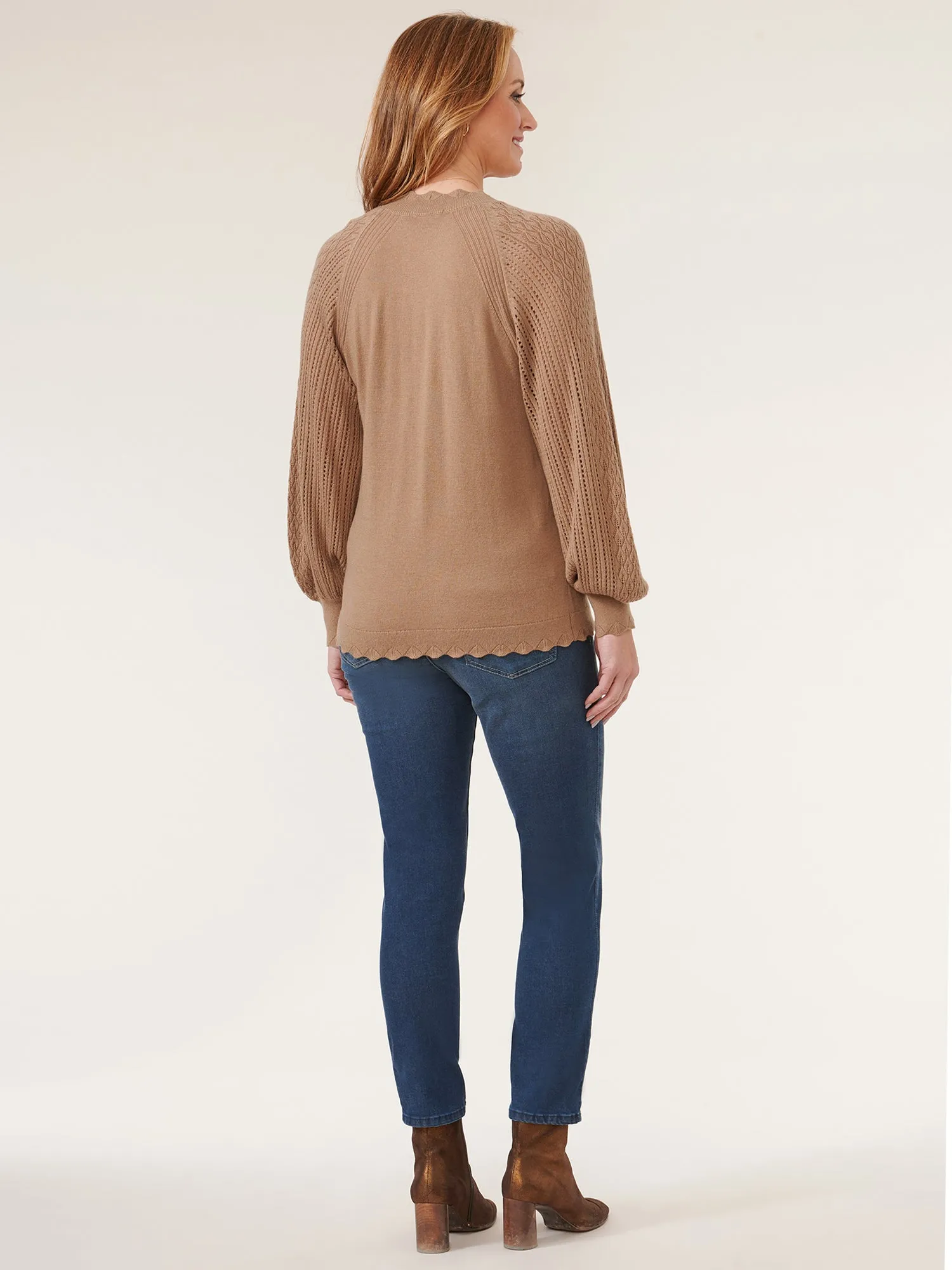 Long Sleeve High Round Neck Pointelle Mix Sweater