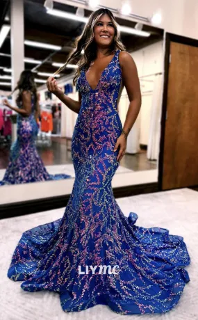 LP1036 - Sexy V Neck Sequins Lace Mermaid Formal Prom Dress