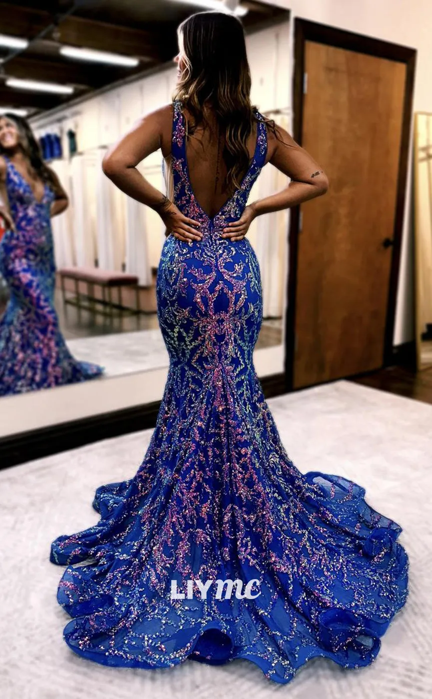 LP1036 - Sexy V Neck Sequins Lace Mermaid Formal Prom Dress