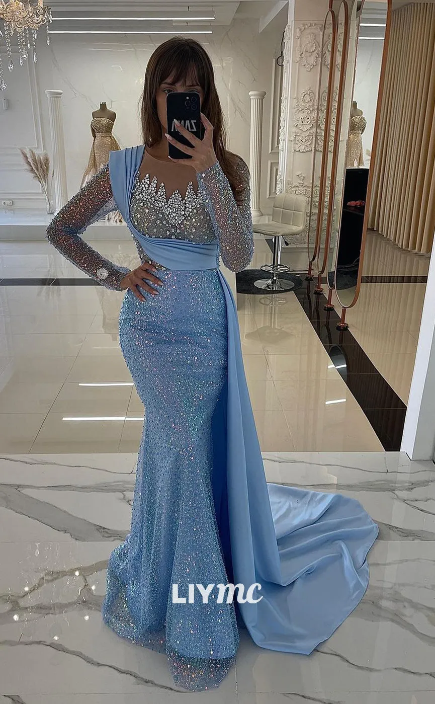 LP1170 - Illusion V Neck Beads Long Sleeves Mermaid Formal Evening Dress