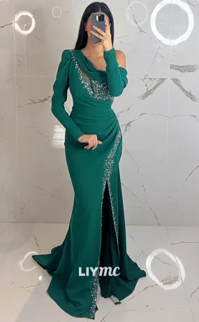 LP1358 - Modern Column Sheath One Shoulder Long Sleeves Ruched Crystal High Side Slit Prom Party Dress