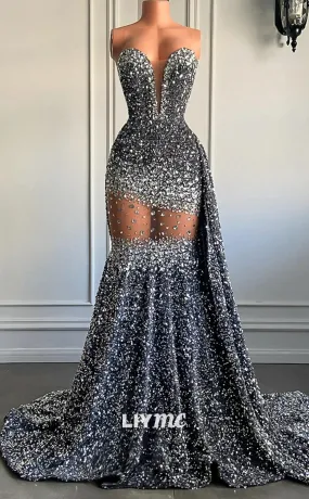 LP1440 - Drammatic Low V-Neck Sleeveless Beaded Sheer Sparkly Mermaid Prom Dress for Black Girls Slay