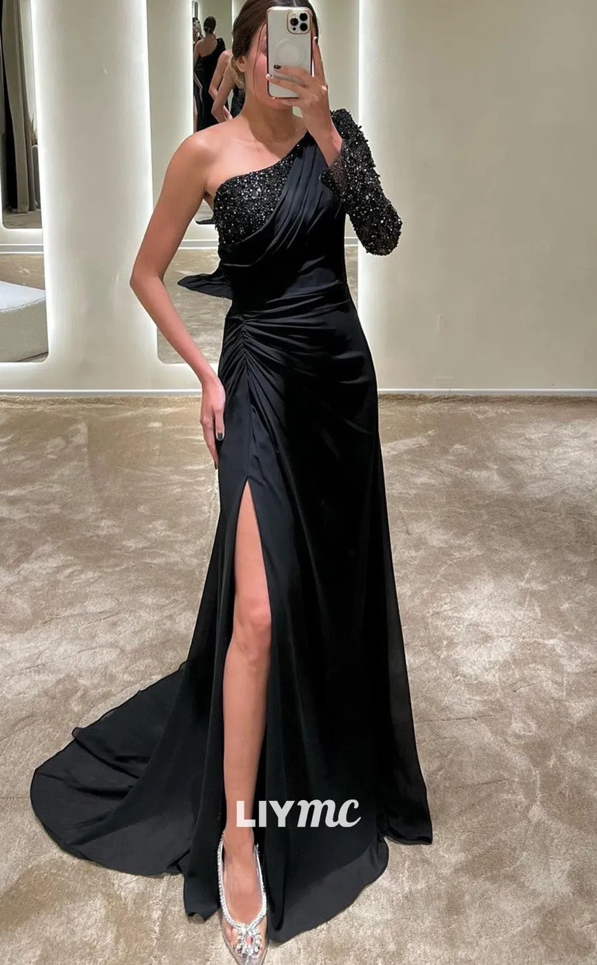 LP1834 - Asymmetrical Pleated Ruched Beaded Sleek Satin High Slit Sexy Prom Dress