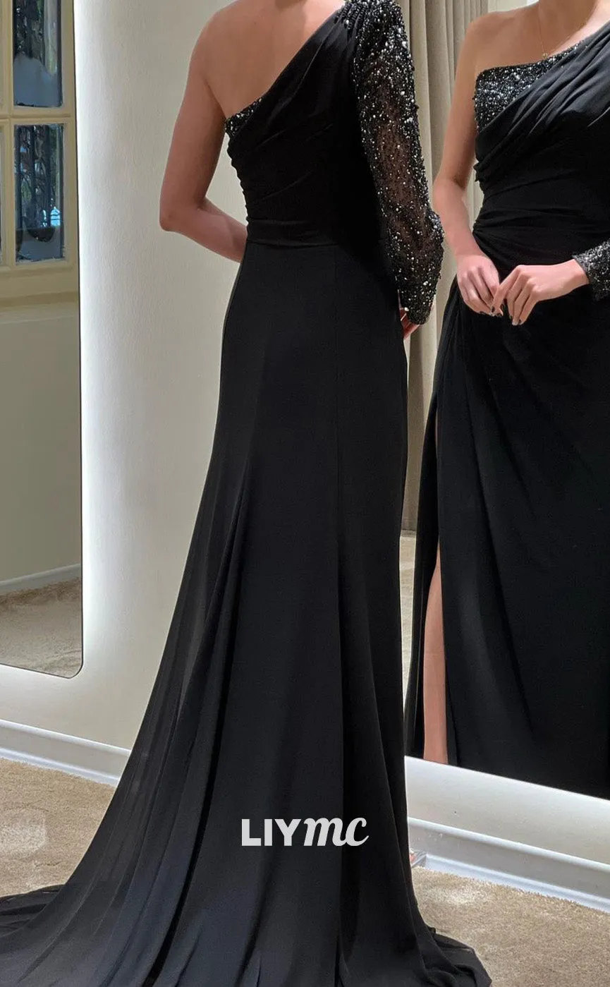 LP1834 - Asymmetrical Pleated Ruched Beaded Sleek Satin High Slit Sexy Prom Dress