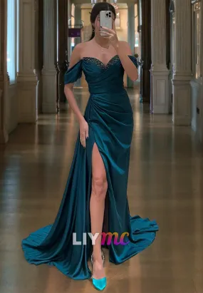 LP1841 - Off-Shoulder Beaded Pleated Ruched Sleek Satin High Slit Sexy Prom Dress