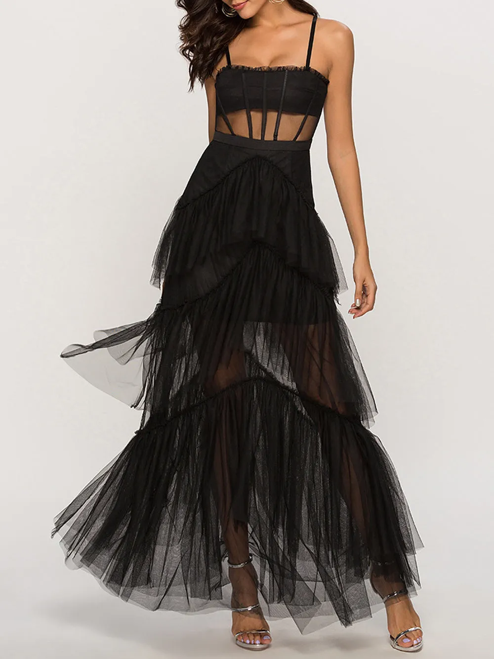 MADAME Strap High WaistTulle Maxi Dress