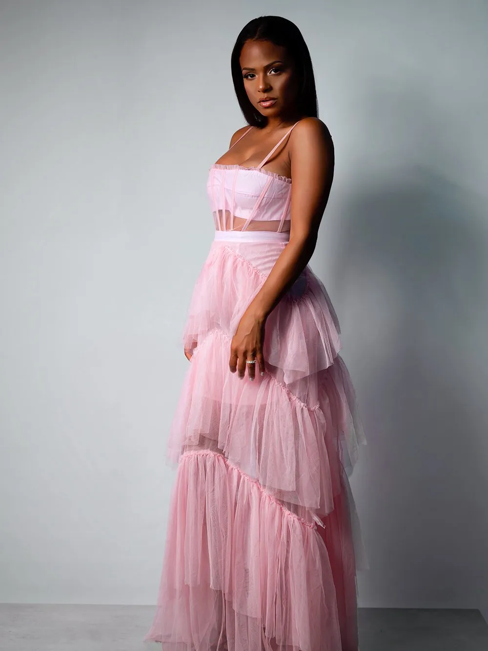 MADAME Strap High WaistTulle Maxi Dress