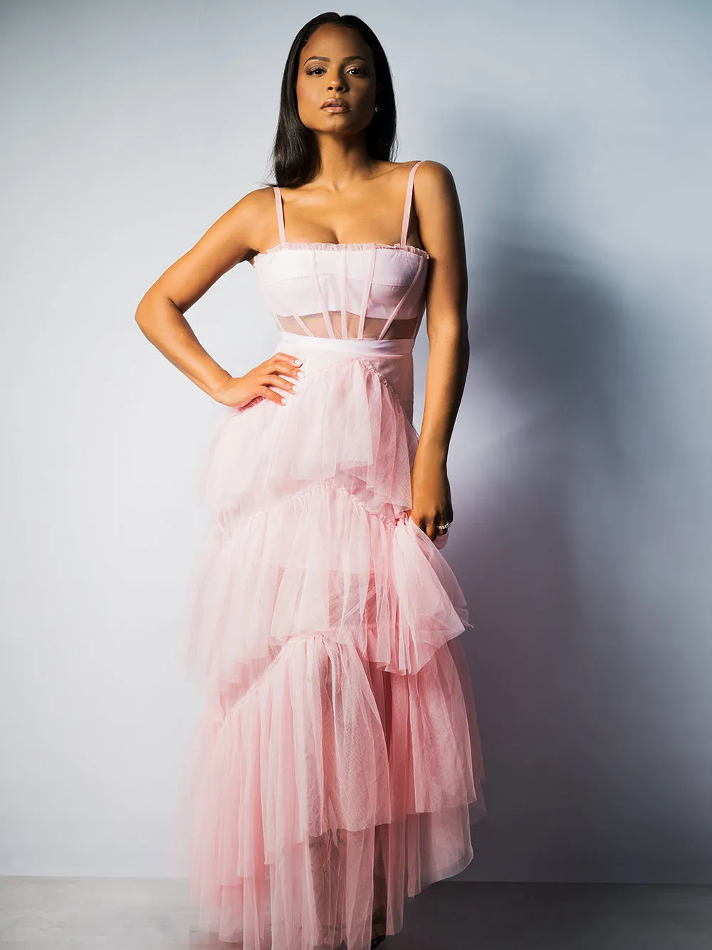 MADAME Strap High WaistTulle Maxi Dress