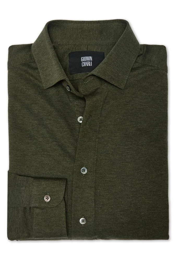 Magnus Long Sleeve Polo Shirt - Olive Cotton Pique