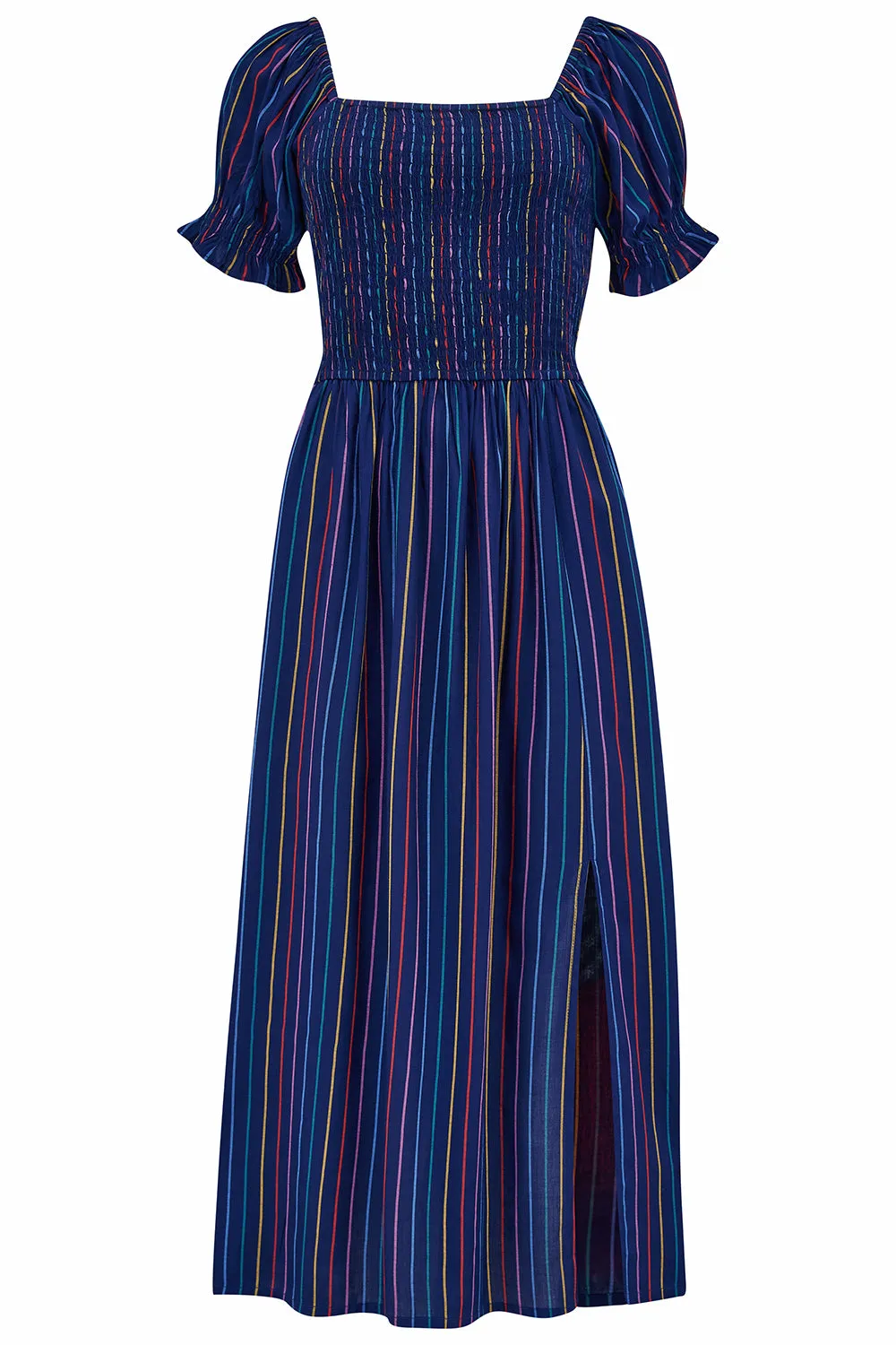 Marisol Shirred Midi Dress - Navy, Thin Rainbow Stripe