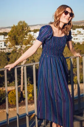 Marisol Shirred Midi Dress - Navy, Thin Rainbow Stripe