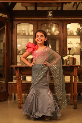 Masarrat- Embroidered Blouse & Silk Organza Draped Saree with Skirt For Girls